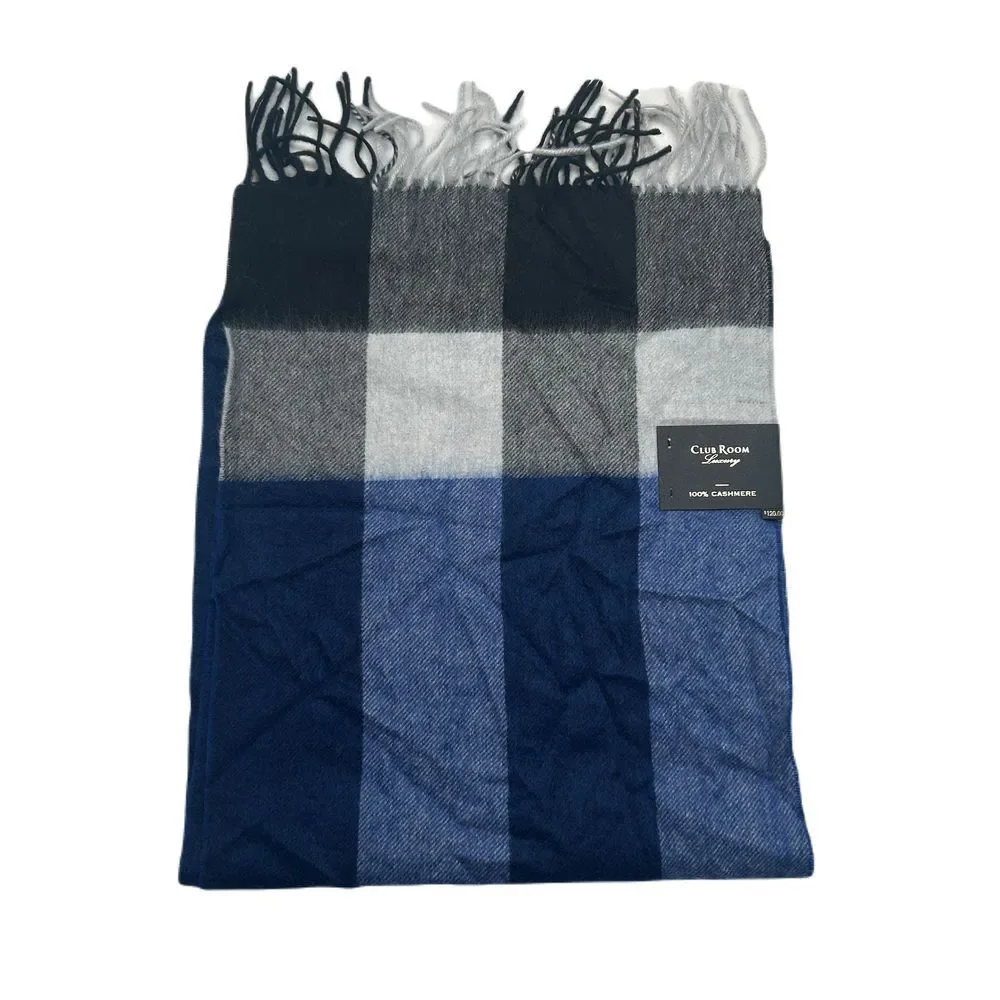 Club Room Luxury 100%‎ Cashmere Scarf One Size Blue Gray Buffalo Check Plaid